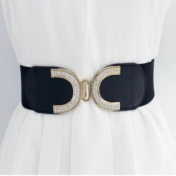 Rhinestone Buckle With Elastic Waist Belt Black main image 4